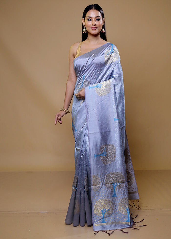 Blue Tussar Silk Saree With Blouse Piece