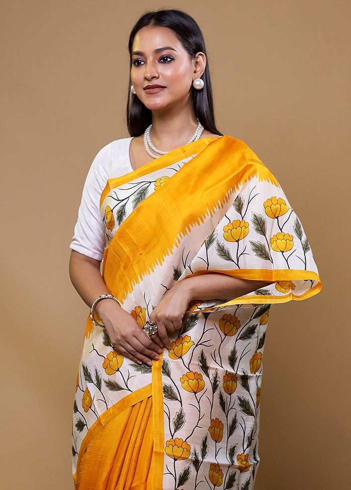 Yellow Printed Pure Silk Saree Without Blouse Piece