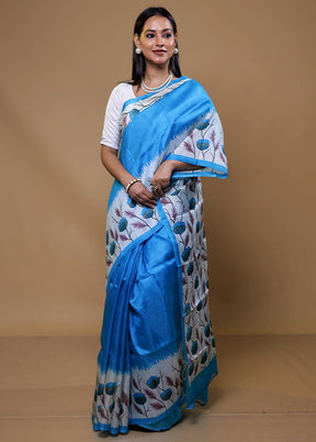 Blue Printed Pure Silk Saree Without Blouse Piece