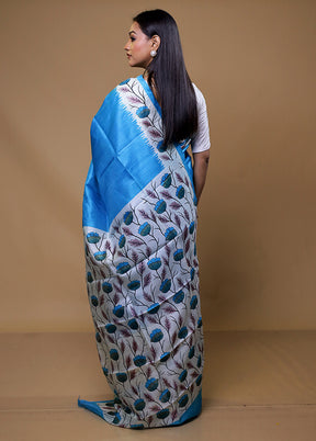 Blue Printed Pure Silk Saree Without Blouse Piece