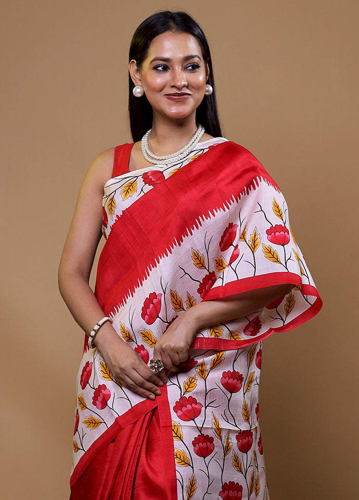 White Printed Pure Silk Saree Without Blouse Piece