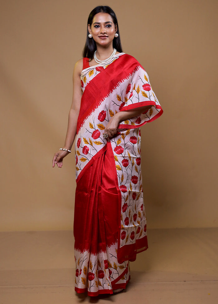 White Printed Pure Silk Saree Without Blouse Piece