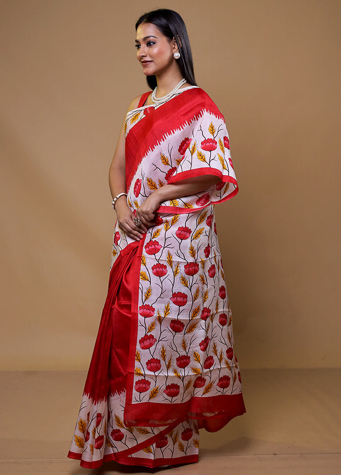 White Printed Pure Silk Saree Without Blouse Piece