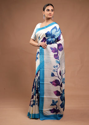 Cream Printed Pure Silk Saree Without Blouse Piece