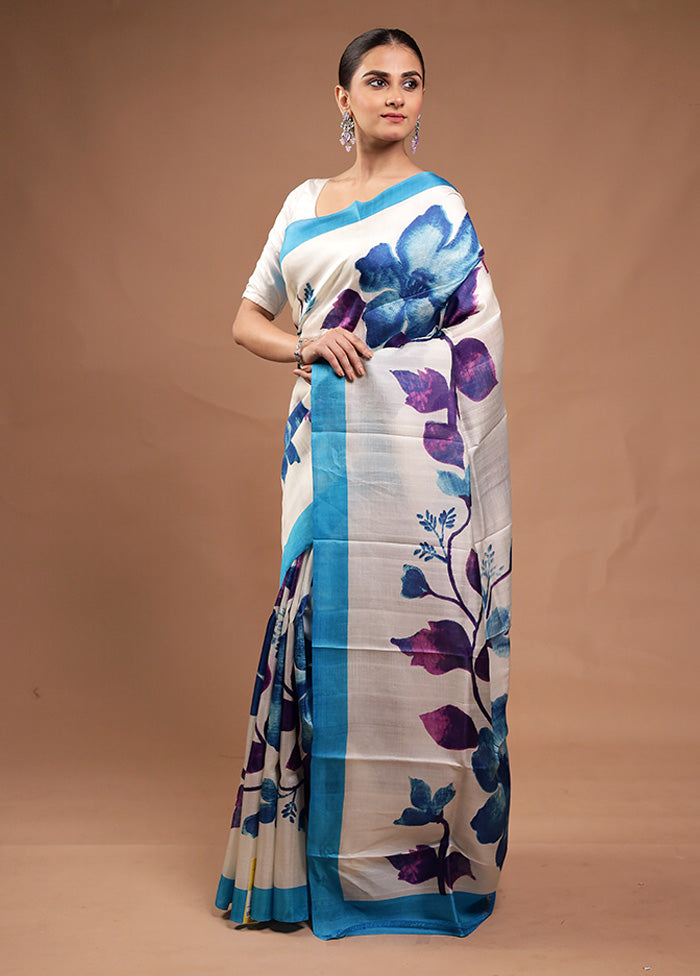 Cream Printed Pure Silk Saree Without Blouse Piece