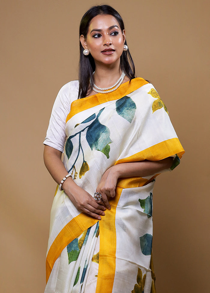 White Printed Pure Silk Saree Without Blouse Piece