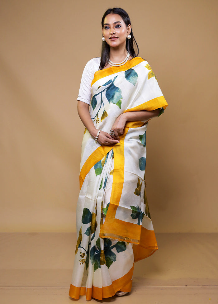 White Printed Pure Silk Saree Without Blouse Piece