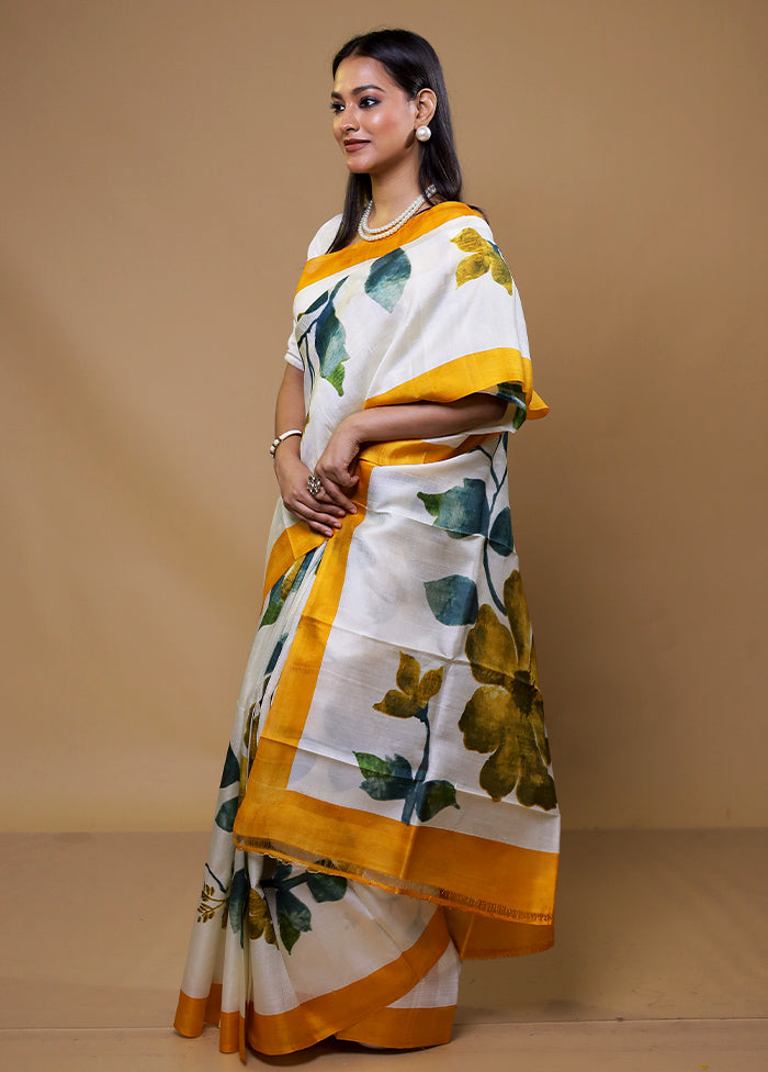 White Printed Pure Silk Saree Without Blouse Piece