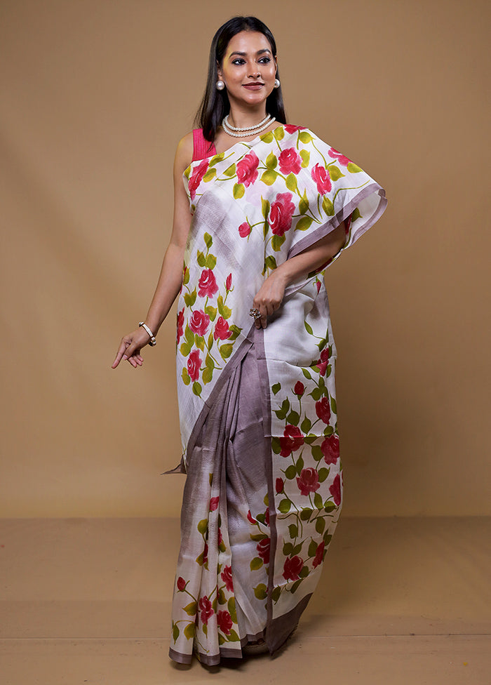 White Printed Pure Silk Saree Without Blouse Piece