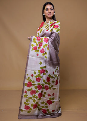 White Printed Pure Silk Saree Without Blouse Piece