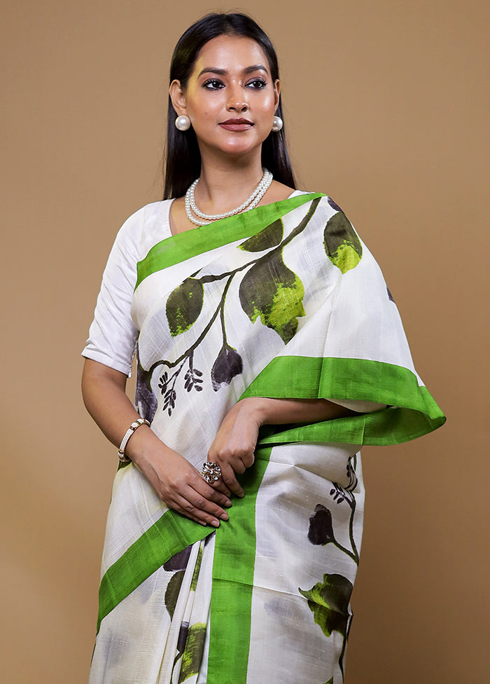 White Printed Pure Silk Saree Without Blouse Piece