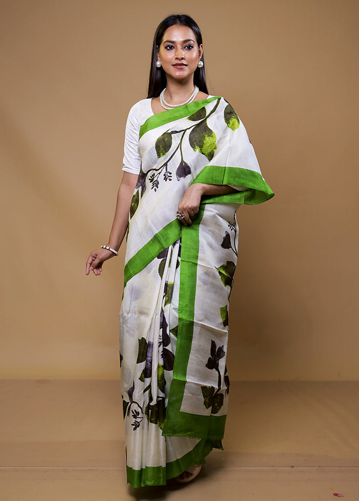 White Printed Pure Silk Saree Without Blouse Piece