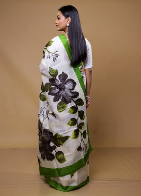 White Printed Pure Silk Saree Without Blouse Piece