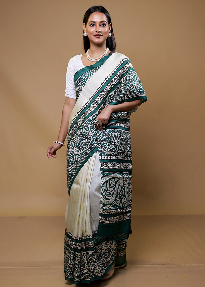 White Printed Pure Silk Saree Without Blouse Piece