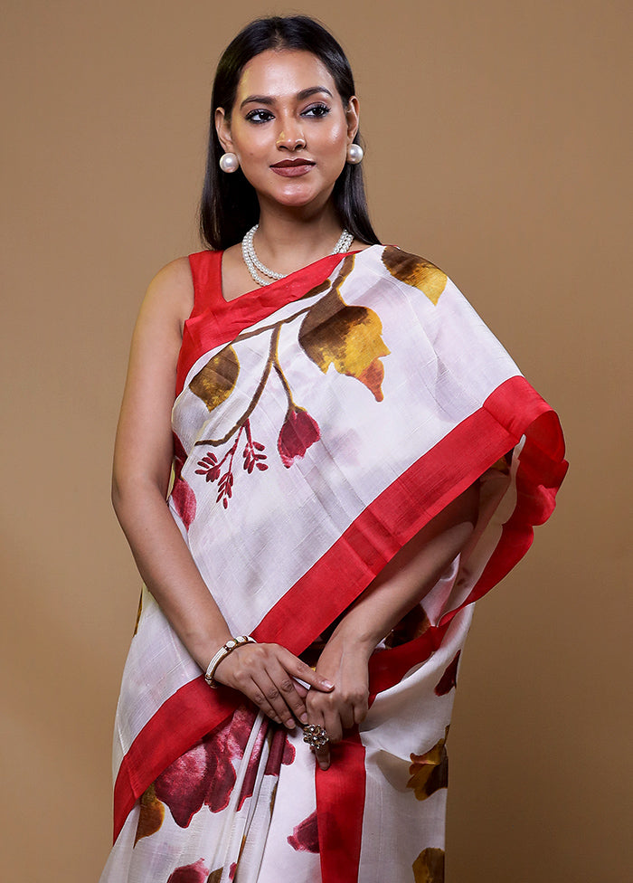 White Printed Pure Silk Saree Without Blouse Piece