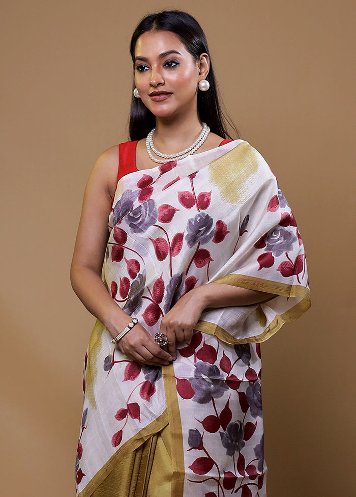 White Printed Pure Silk Saree Without Blouse Piece