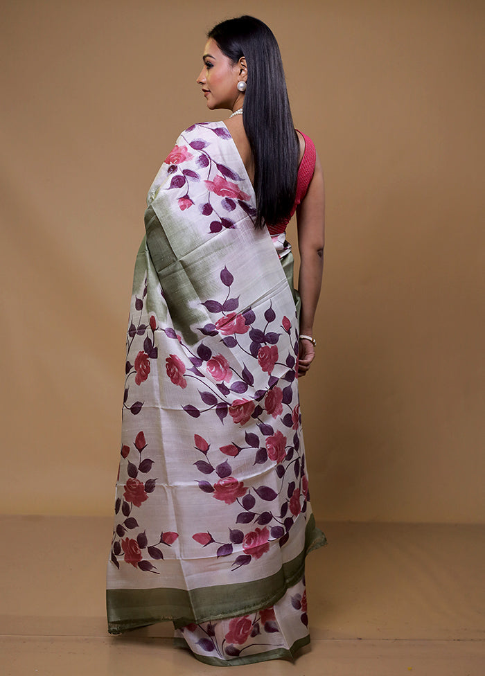 White Printed Pure Silk Saree Without Blouse Piece