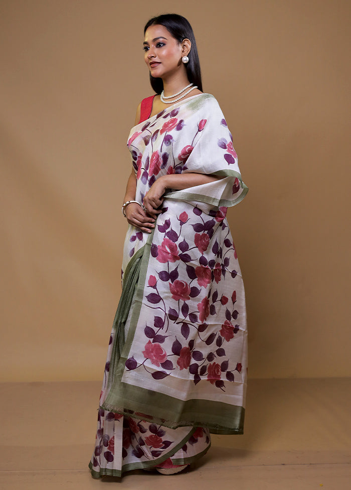 White Printed Pure Silk Saree Without Blouse Piece