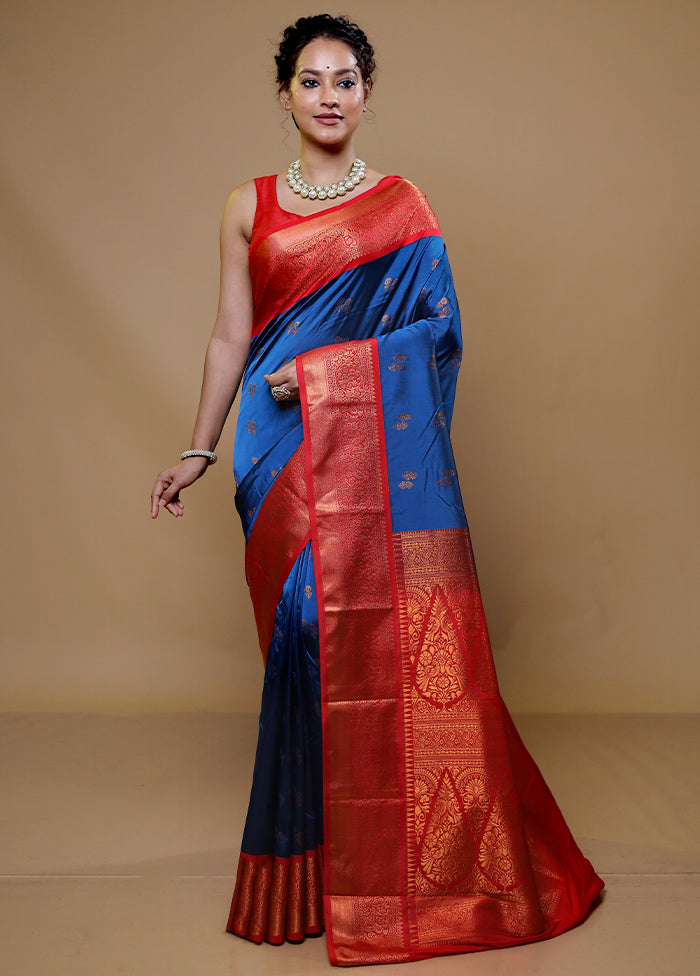 Blue Kanjivaram Silk Saree With Blouse Piece