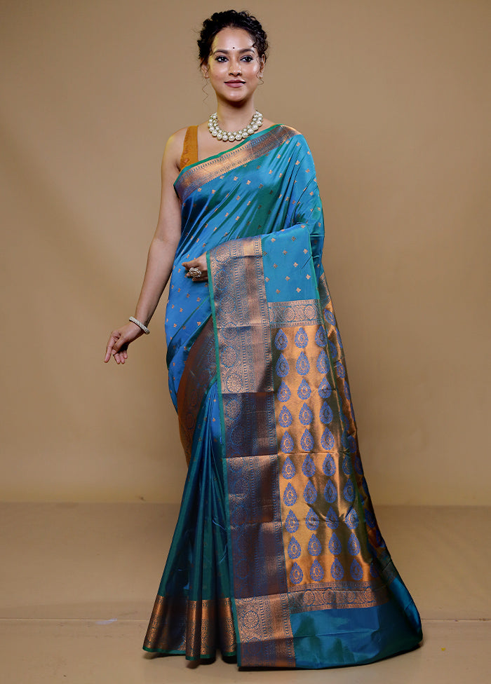 Blue Kanjivaram Silk Saree With Blouse Piece