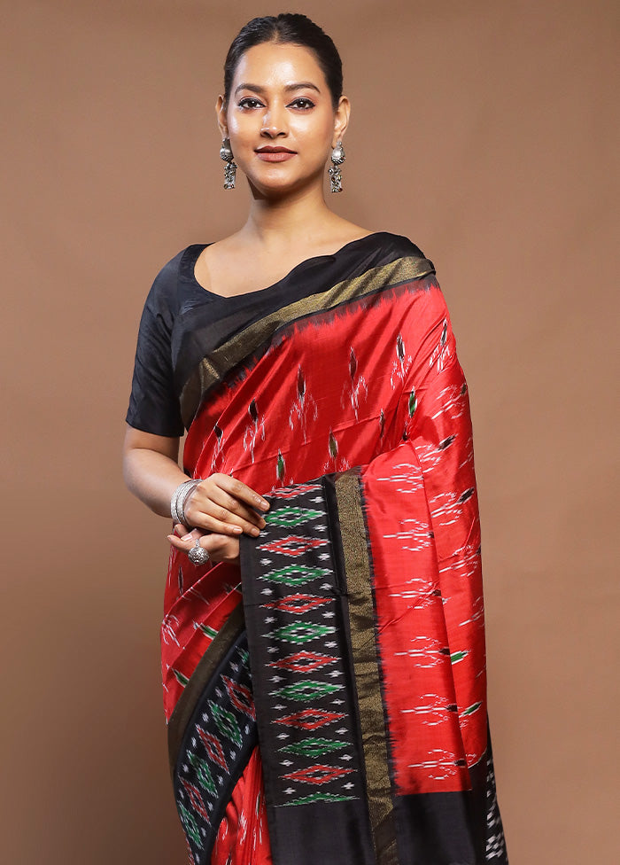 Red Handloom Ikkat Pure Silk Saree With Blouse Piece