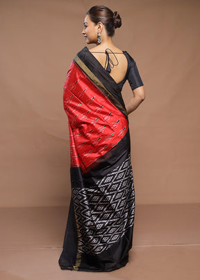 Red Handloom Ikkat Pure Silk Saree With Blouse Piece