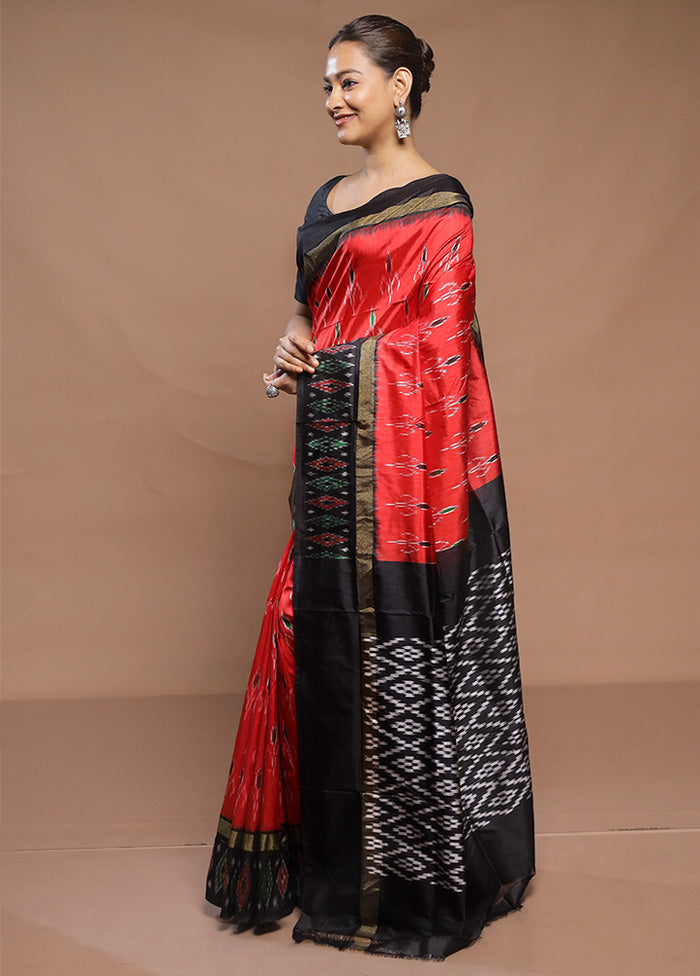 Red Handloom Ikkat Pure Silk Saree With Blouse Piece