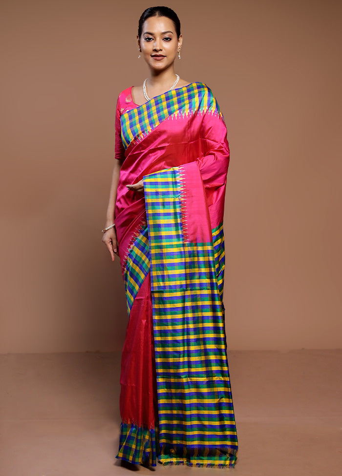 Pink Handloom Ikkat Pure Silk Saree With Blouse Piece