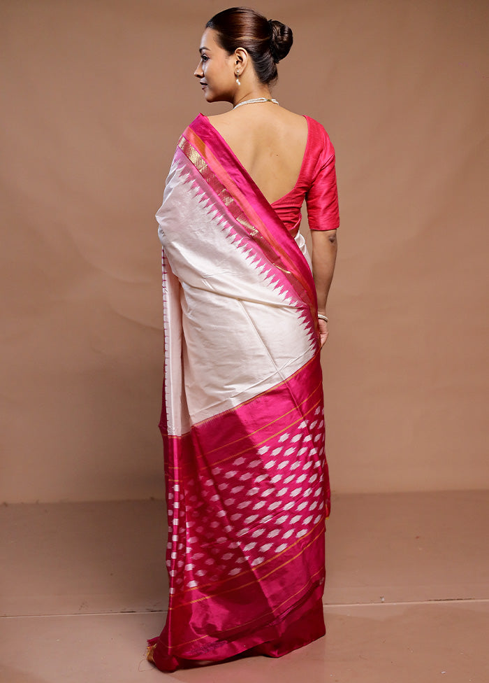 White Handloom Ikkat Pure Silk Saree With Blouse Piece