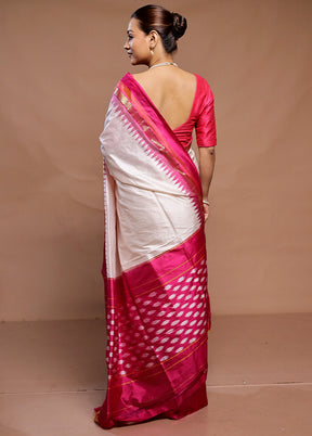 White Handloom Ikkat Pure Silk Saree With Blouse Piece