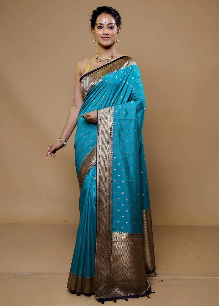 Blue Dupion Silk Saree With Blouse Piece