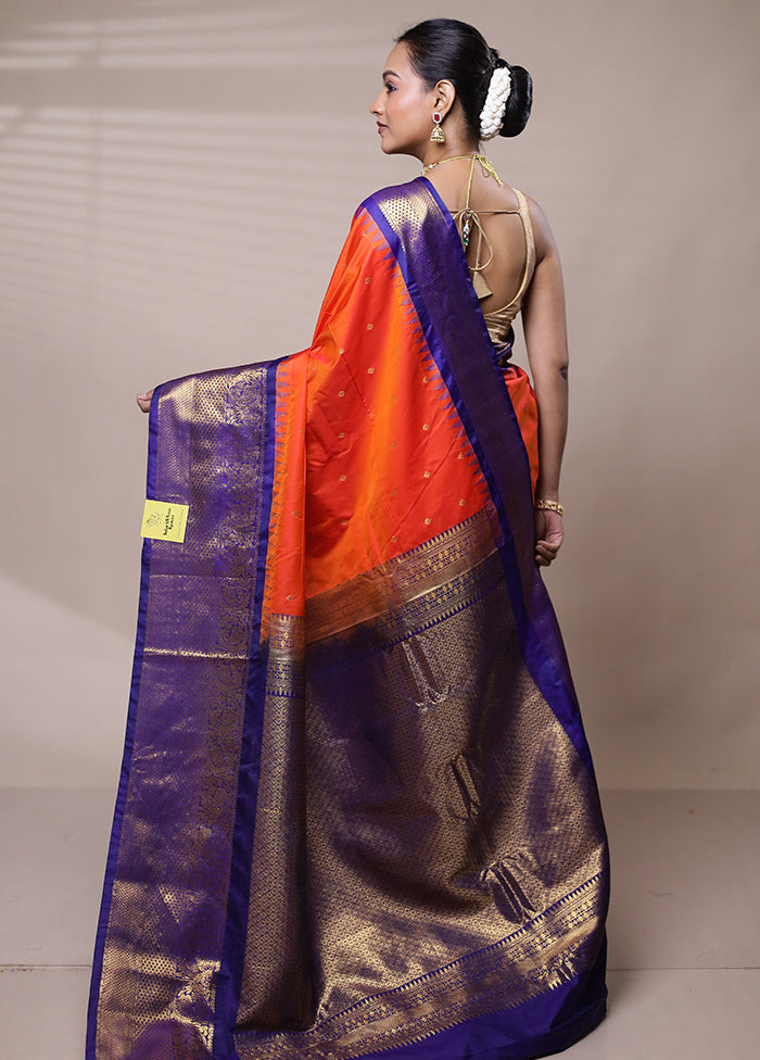 Orange Gadwal Silk Saree Without Blouse Piece