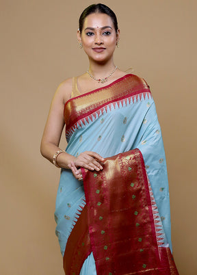 Blue Gadwal Silk Saree Without Blouse Piece