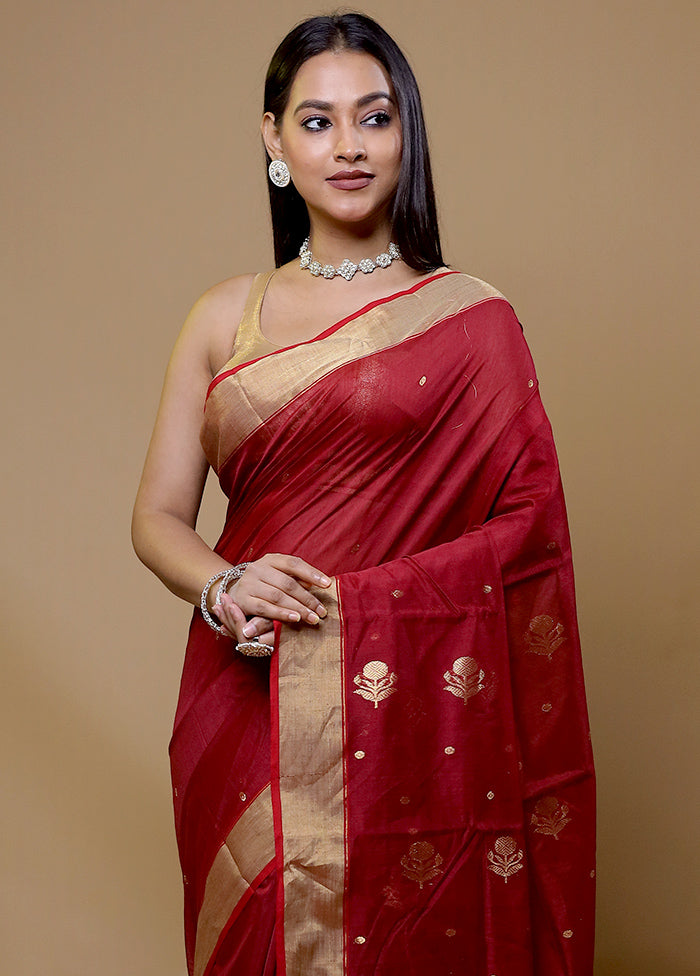 Red Chanderi Cotton Saree With Blouse Piece