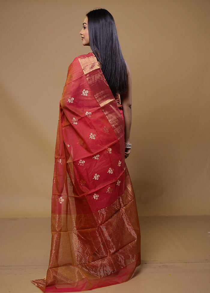 Red Chanderi Cotton Saree With Blouse Piece