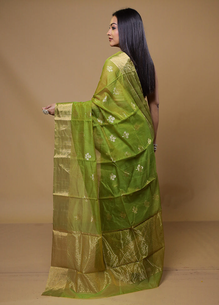 Green Handloom Chanderi Pure Cotton Saree With Blouse Piece