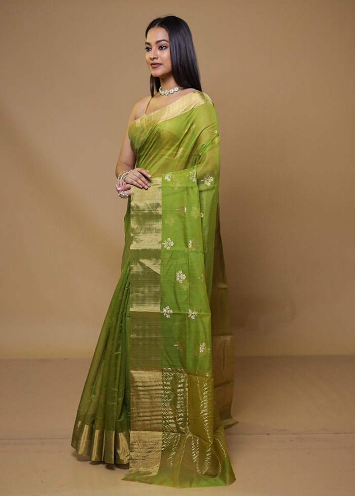 Green Handloom Chanderi Pure Cotton Saree With Blouse Piece