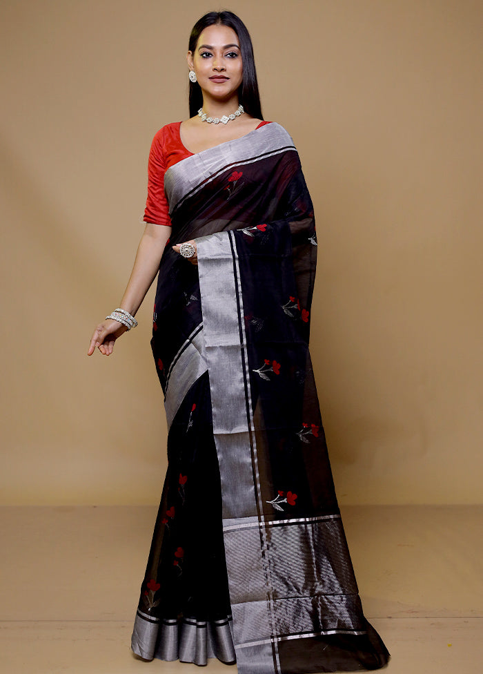 Black Handloom Chanderi Pure Cotton Saree With Blouse Piece