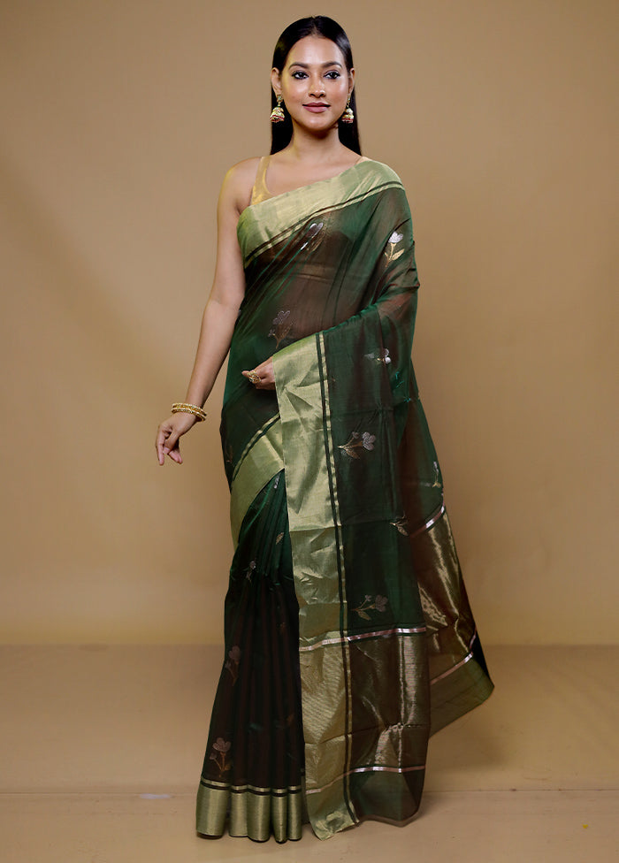 Green Handloom Chanderi Pure Cotton Saree With Blouse Piece