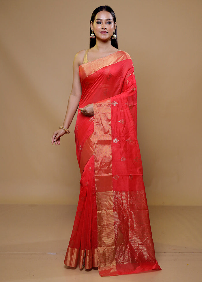 Red Handloom Chanderi Pure Cotton Saree With Blouse Piece