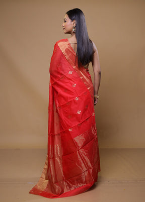 Red Handloom Chanderi Pure Cotton Saree With Blouse Piece