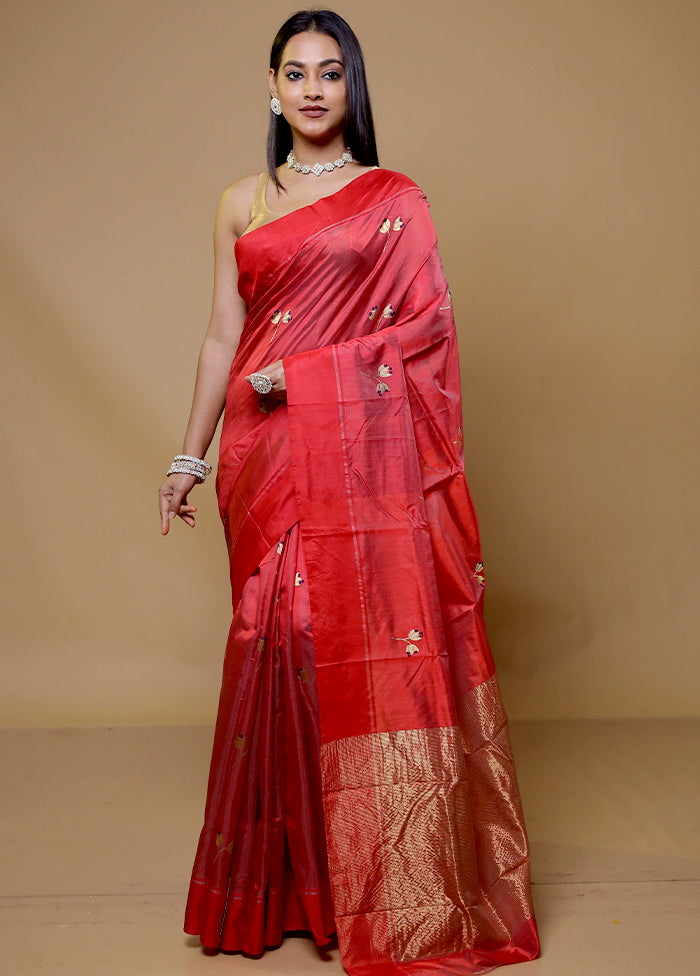 Red Handloom Chanderi Pure Cotton Saree With Blouse Piece