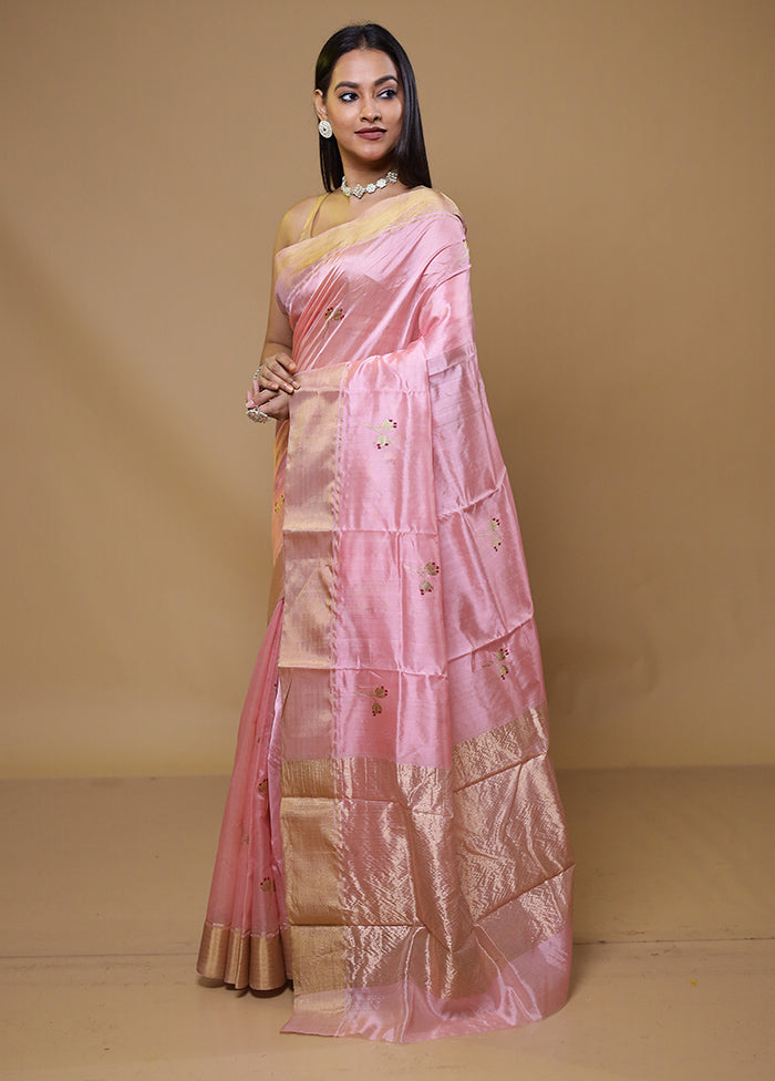 Pink Handloom Chanderi Pure Cotton Saree With Blouse Piece