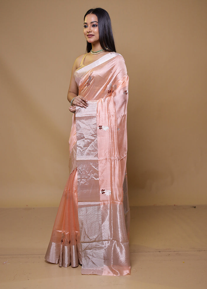 Peach Handloom Chanderi Pure Cotton Saree With Blouse Piece