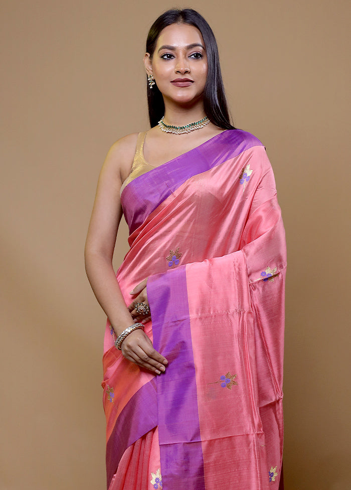 Pink Handloom Chanderi Pure Cotton Saree With Blouse Piece