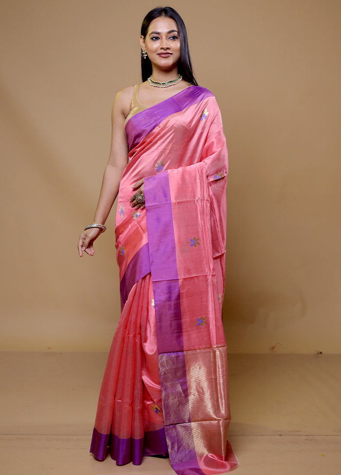 Pink Handloom Chanderi Pure Cotton Saree With Blouse Piece