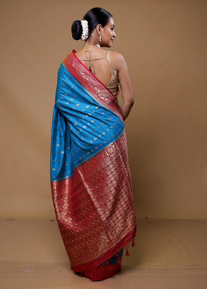 Blue Dupion Silk Saree With Blouse Piece