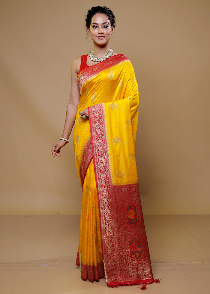 Yellow Dupion Silk Saree With Blouse Piece