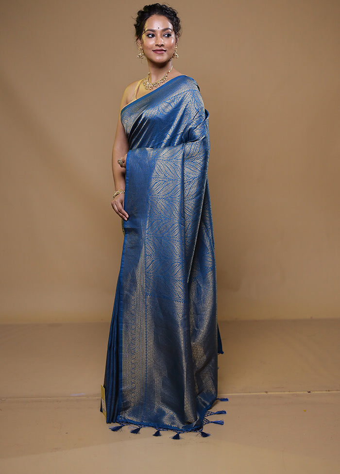 Blue Dupion Silk Saree With Blouse Piece