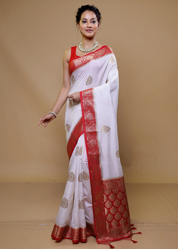 White Dupion Silk Saree With Blouse Piece